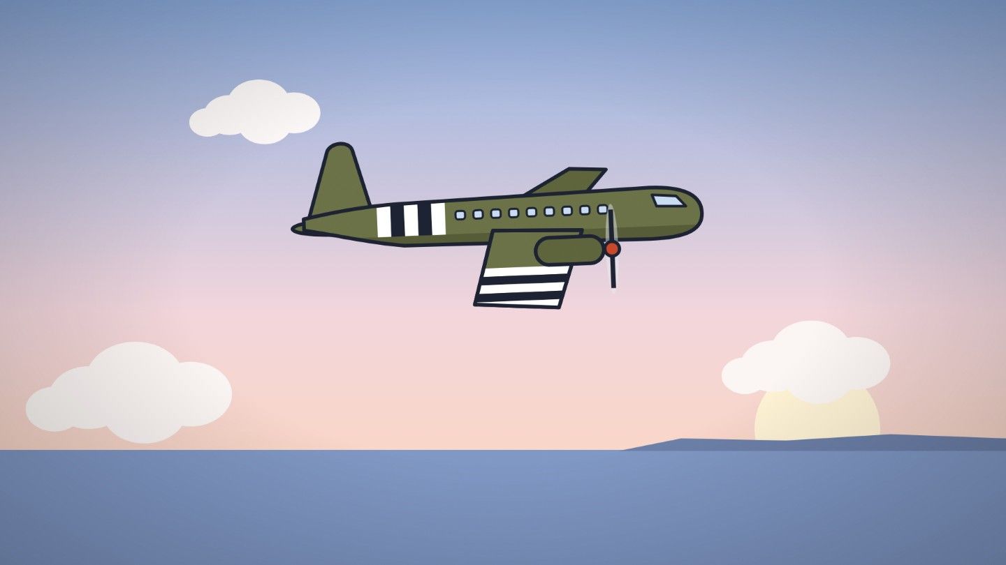 A cel-cartoon C-47 aircraft with invasion stripes